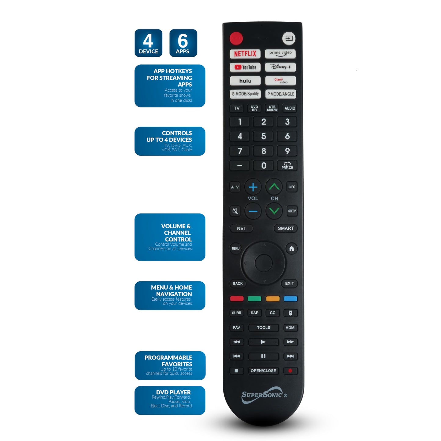 Supersonic SC-326 Universal Remote Control for Smart TV with HotKeys for Streaming, Controls 4 Devices, 10 Programmable Favorite Channels, DVD Player
