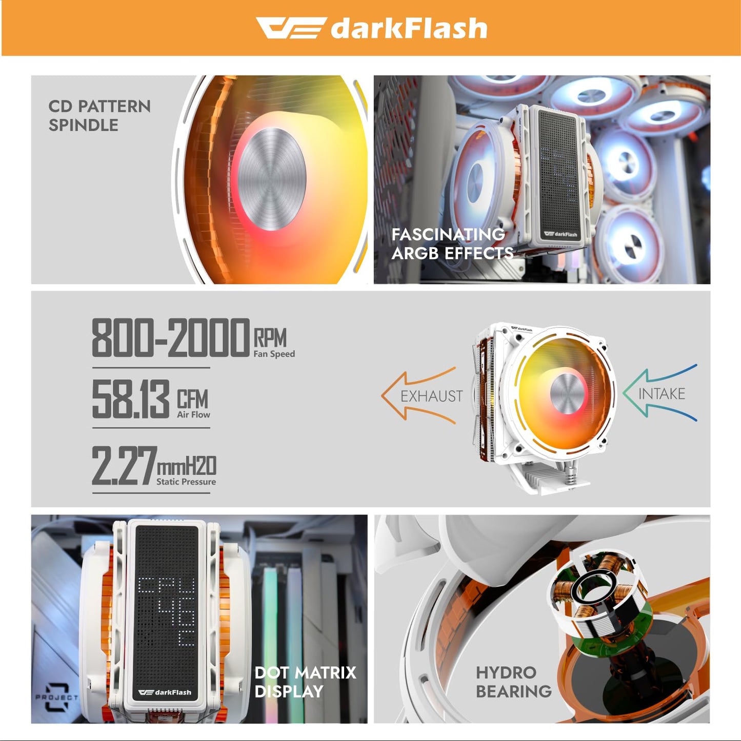 darkFlash E400 Plus CPU Air Cooler, 4 Copper Heat Pipes, Dual 120mm PWM ARGB Fans 2200RPM,Digital Display Top,Intel LGA1851 1700 1200 115X 1366