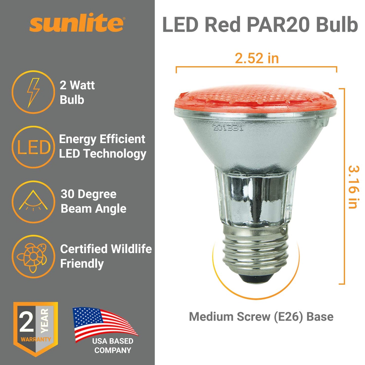 Sunlite 80003-SU LED PAR20 Colored Wildlife Friendly Light Bulb, 2 Watts, (25W Equivalent), E26 Medium Base, 30,000 Hour Lifespan, 1 Pack Red