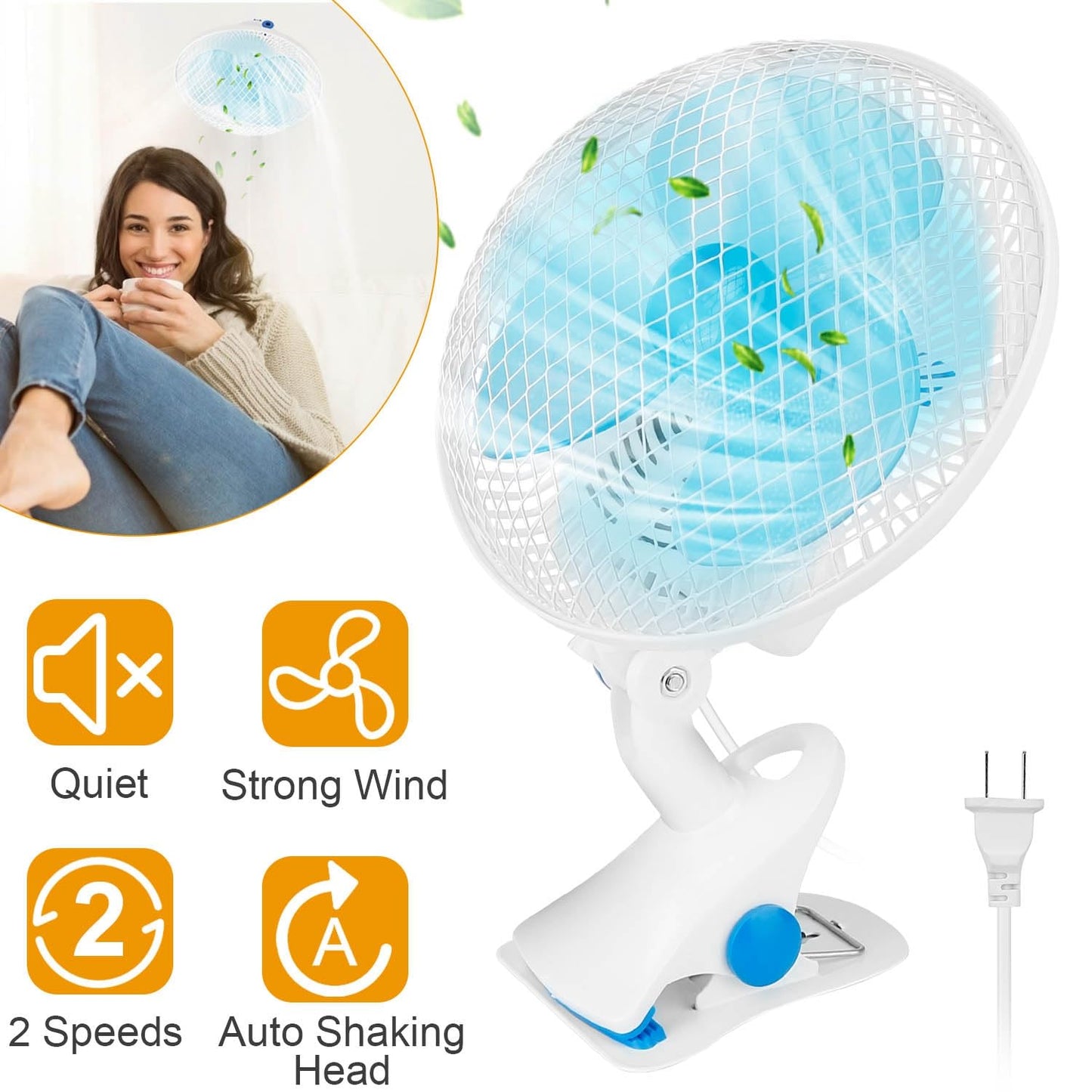 KOCASO Table Fan Clip On Fan 2 Speeds Desk Fan Quiet Clamp Fan Adjustable Tilt Auto Shaking Fan Wall Mount Personal Fan For Desk Office Home Baby