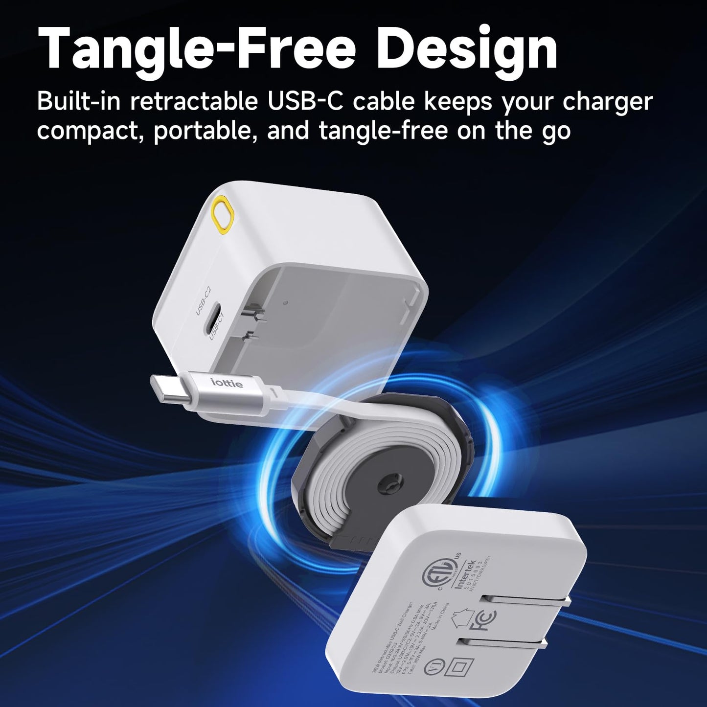 Basix by iOttie 35W GaN Wall Charger with Built-in Retractable USB-C Cable and Extra USB-C Port, Dual Device Fast Charging, Compact Travel Charger