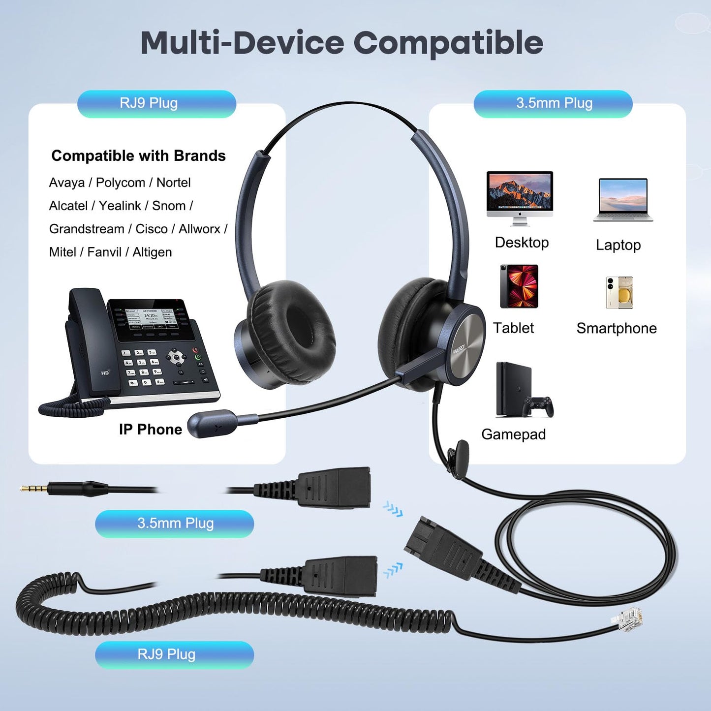 MAIRDI Telephone Headset with Microphone Noise Canceling, Binaural with RJ9 Jack & 3.5mm Connector for Office Call Center Deskphone Cell Phone PC