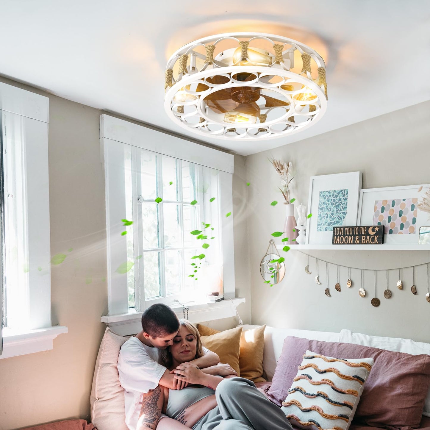 Kasiqilight 20" Caged Ceiling Fan with Light Flush Mount & Remote,White Wrought Iron Industrial, Silent Reversible Farmhouse Fans Ceiling with Light