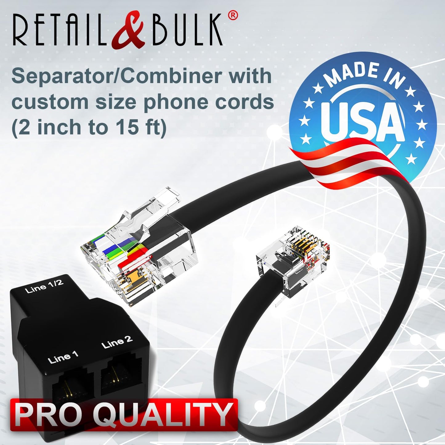 RetailAndBulk Telephone Line Separator/Combiner + Telephone Line Cord for 2 Line Phones (2-Line Splitter + Custom Size Cable)