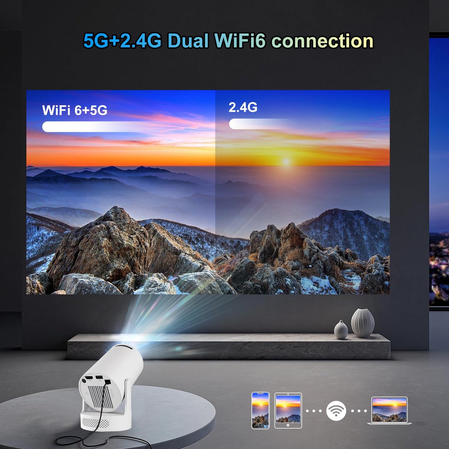 Mini Projector 4K support with Dual-Band WIFI6 5G Wireless 5.4 Bluetooth Android 11, Soundbase Speaker, Auto Vertical Keystone 180°Rotatable Portable