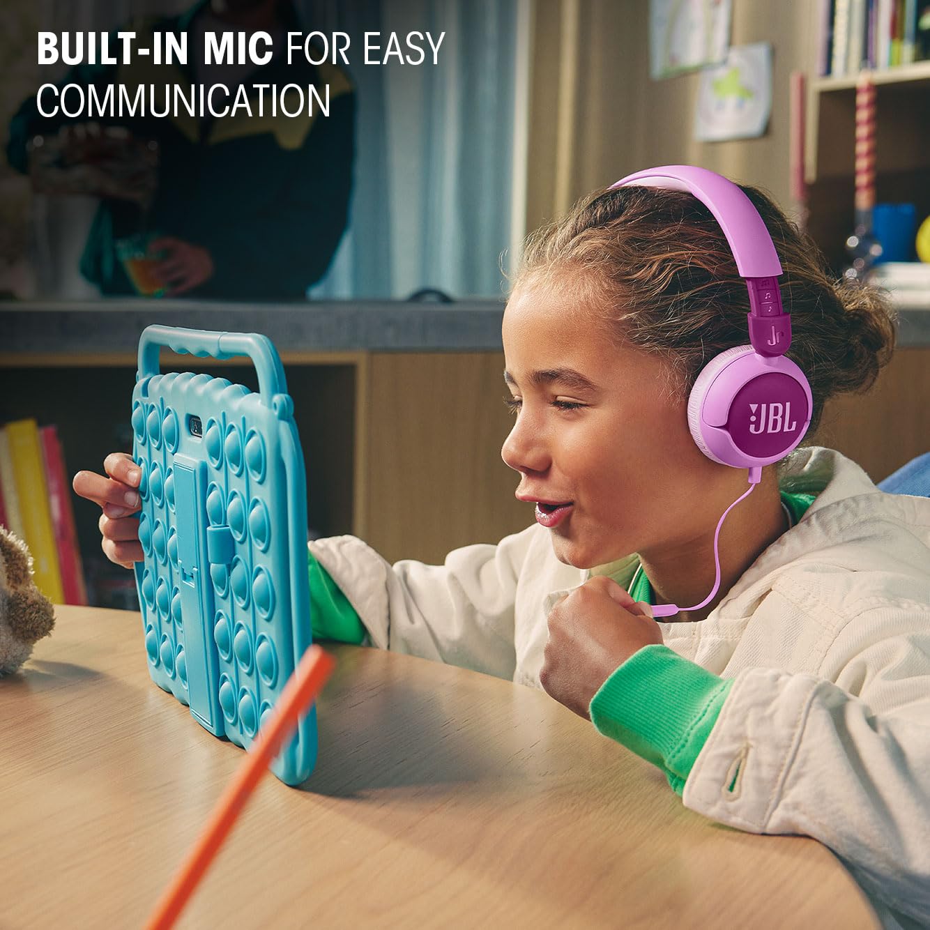 JBL Junior 320 - Wired on-Ear Kids Headphones Safe Sound (<85dB), Built-in mic, Fit for Kids and Customizable with Included Stickers (Purple)