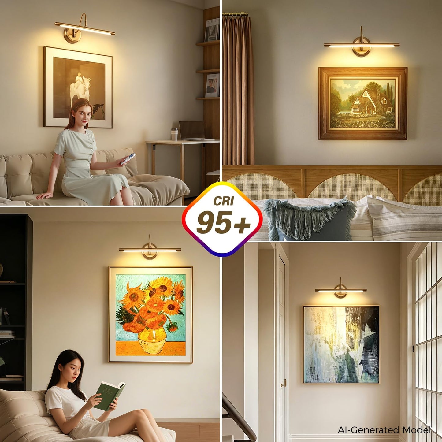 JOOSENLUX Dimmable Picture Lights - Modern 7W LED Wall Sconces for Paintings, 16.54" Long, 3000K Warm Light, Brass Golden Finish - Indoor Hallway