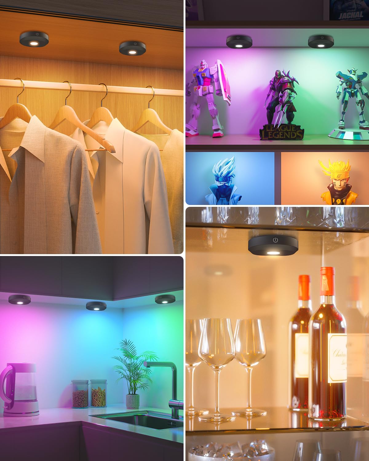 WILLED Under Cabinet Lighting Wireless,RGB Rechargeable Puck Lights with Remote Control,Battery Touch Tap Light with Timer Function,Stick On LED