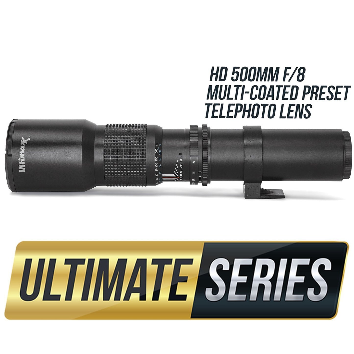 Ultimaxx 500mm f/8 Multi-Coated Preset Telephoto Lens Includes T-Mount Adapter for Canon EF Mount & Microfiber Cleaning Cloth - Compatible