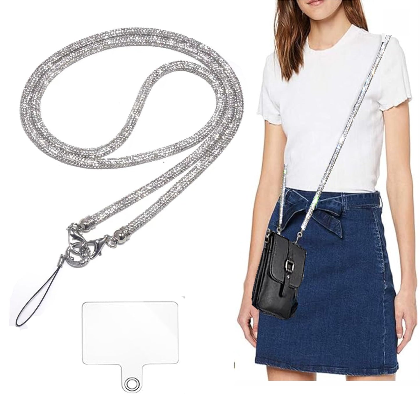 AOPNN Crossbody for Phone Lanyard Chain Water Diamond Universal Lanyard Suitable for most mobile phones and bags (Silver)