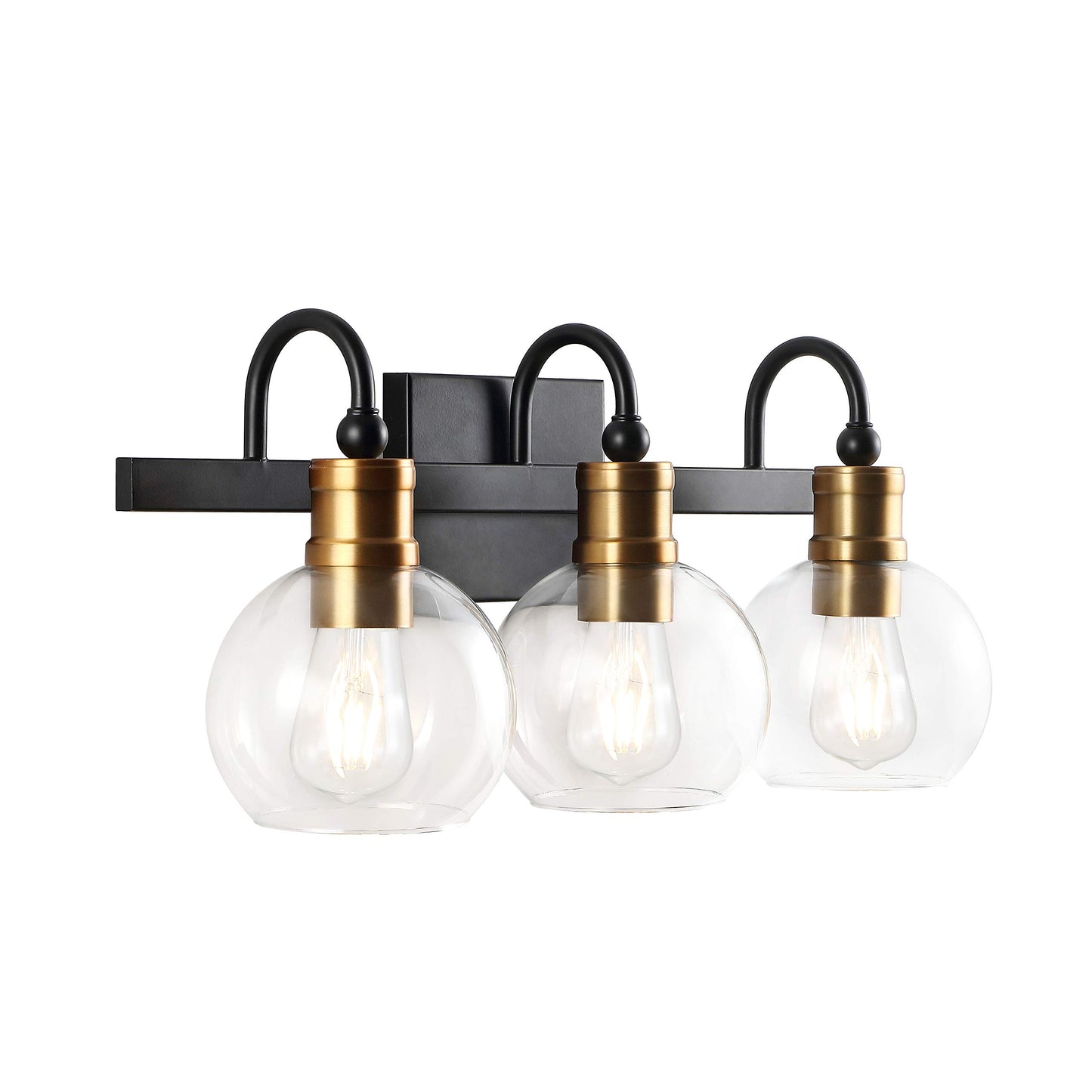JONATHAN Y 21.5" Black/Brass Gold Vintage Wall Sconce, LED Vanity Light for Bathroom Bedroom Entryway, Clear Glass Globe Shade, Modern Industrial