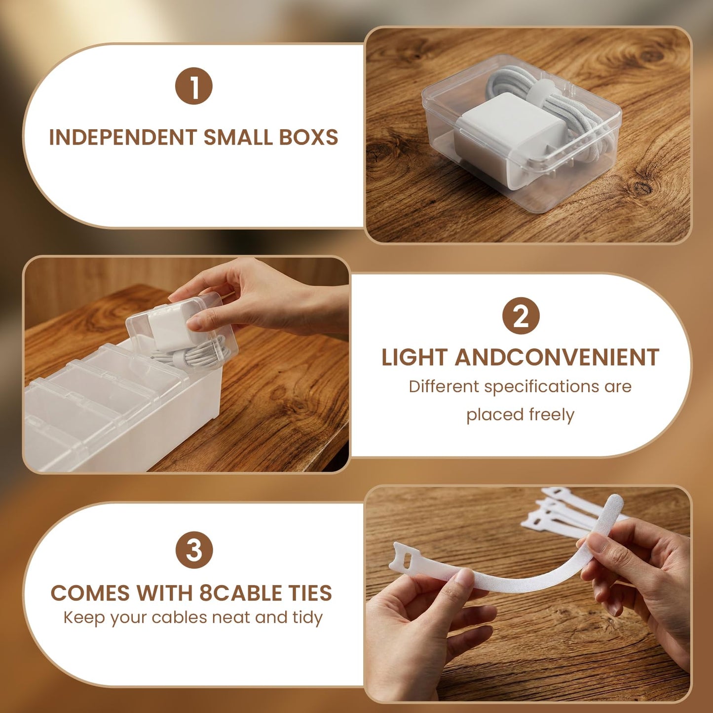 Alouxop 8 Individual Cable Organizer Boxes With Base, Cord Storage Organizer With Labels And Cable Straps For Charging Cables, Adapters, Earphones And