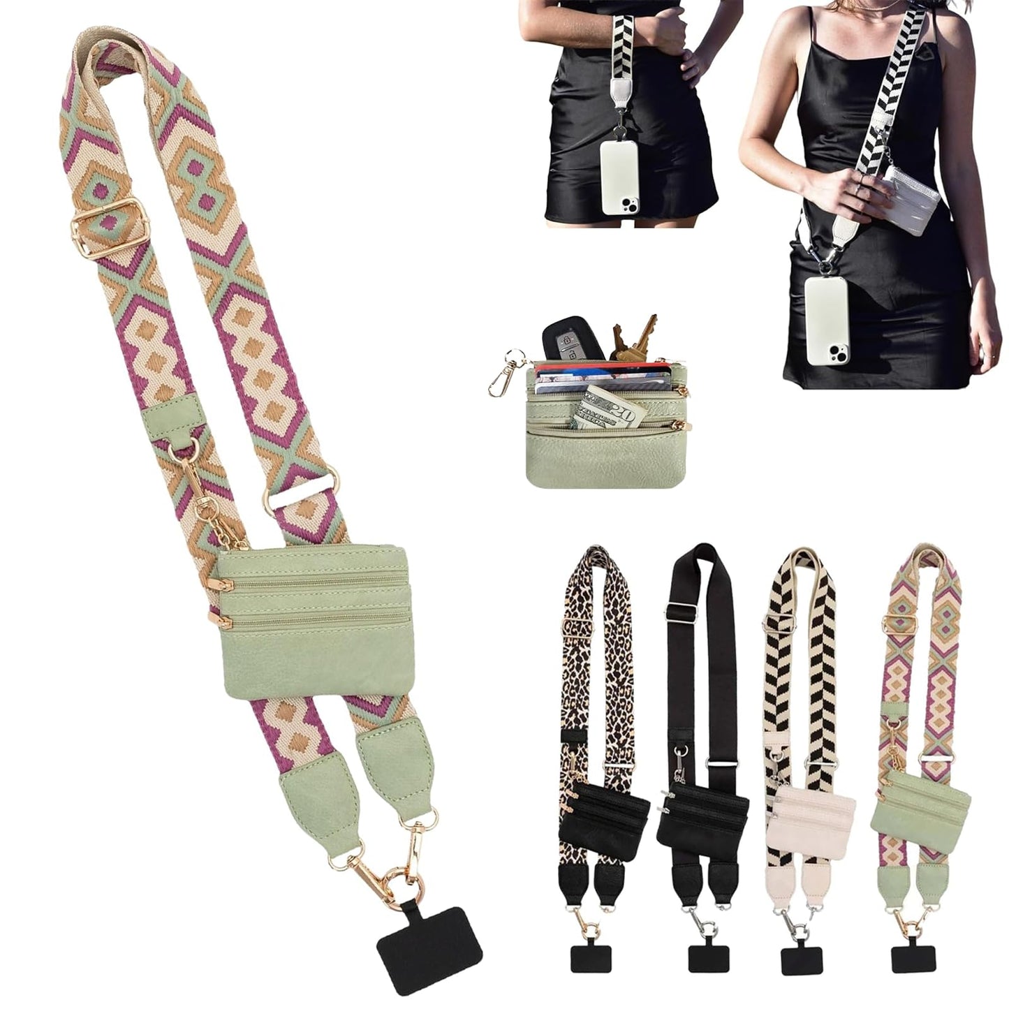 DANONI Clip and Go Strap for Phone with Wallet Crossbody,Phone Strap with Zippered Pouch,Adjustable Straps Crossbody Chest Bag(D)