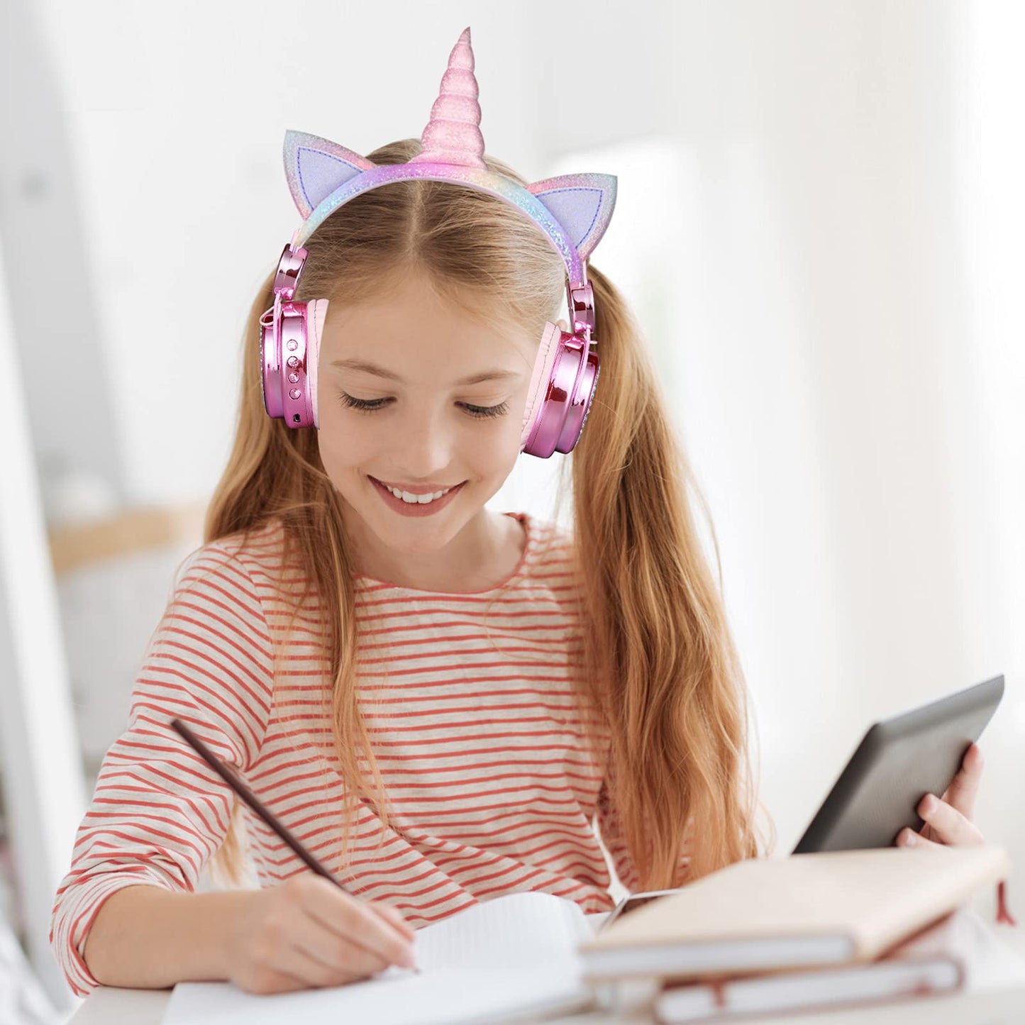 KORABA Kids Headphones Bluetooth Wireless, Unicorn LED Lights up Girls Headsets with Microphone, 10 Hours 5.0 Bluetooth Headphones for Girls, Kids…