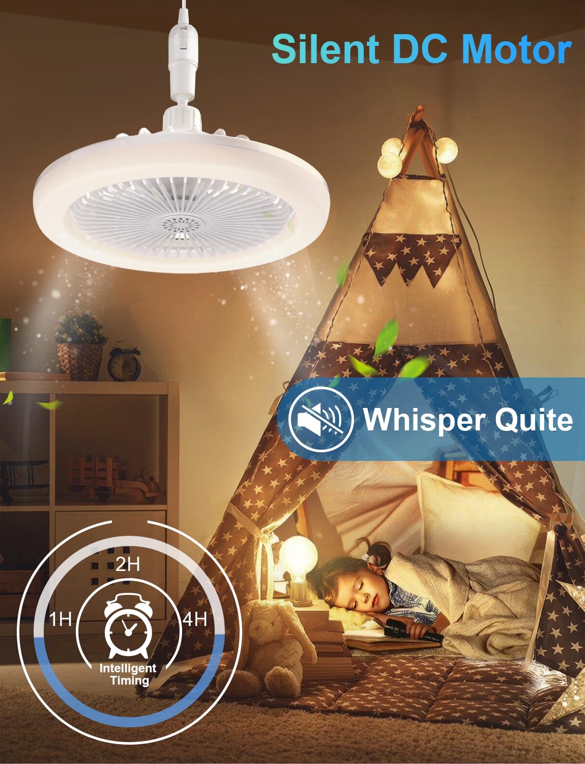 CornerSmith Enclosed Ceiling Fan with Light - Small 10-inch Bladeless Socket Fans with Remote Control, Dimmable LED Lights 3 Gear Wind Speeds