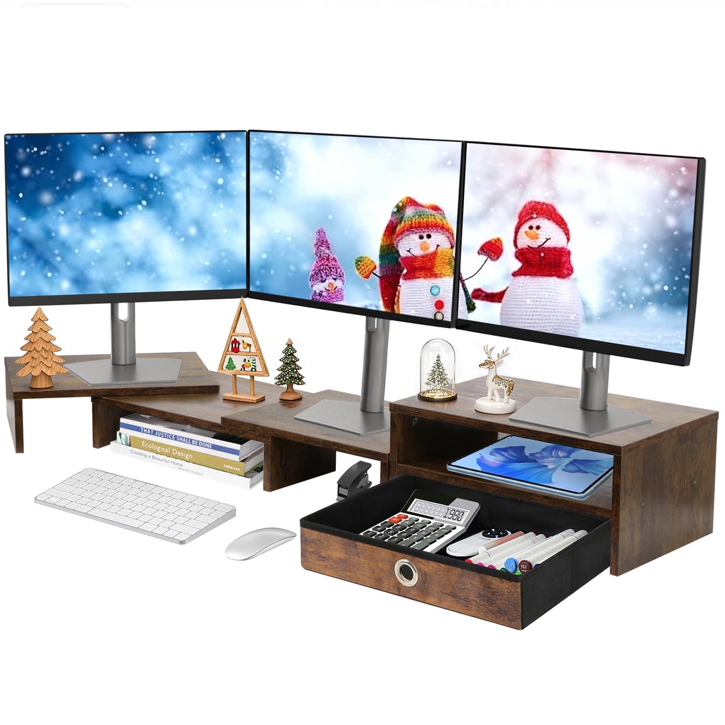 Caredear Monitor Riser for 3 Monitors, Dual Monitor Stand for Desk, Triple Monitor Stand with Drawer, Dual Monitor Stand with Storage, Extra Long