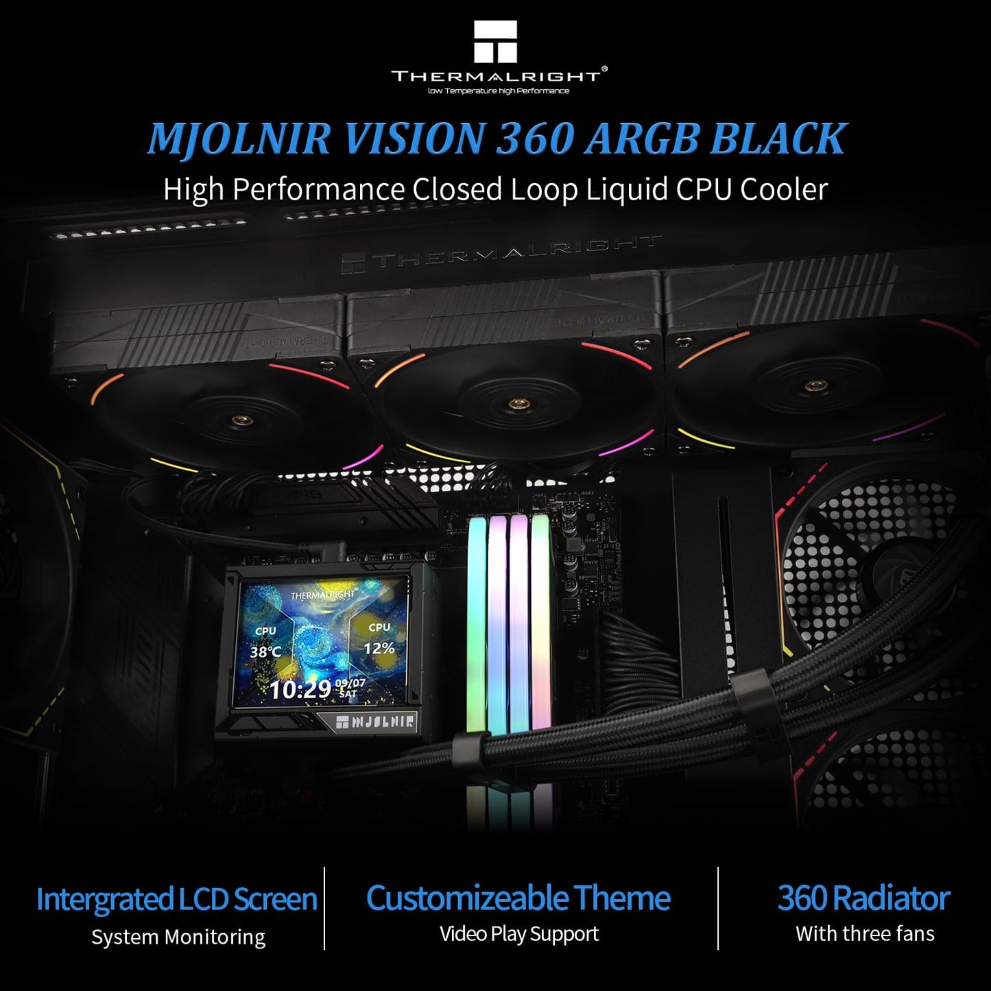 Thermalright Mjolnir Vision 360 ARGB Black CPU Water Cooler,3 PWM Fans Water Cooling System with 2000PRM,for AM4/AM5&Intel LGA1851/1700, Magnetic