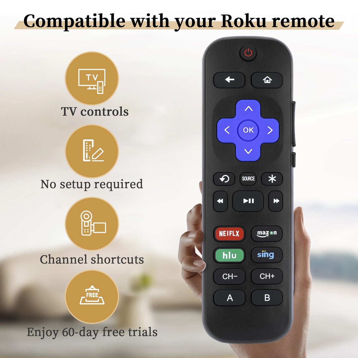 Replacement Remote Control Only for Roku TVs, Compatible for TCL Roku/Hisense Roku/Onn Roku/Sharp Roku/Element Roku/Westinghouse Roku/Philips Roku