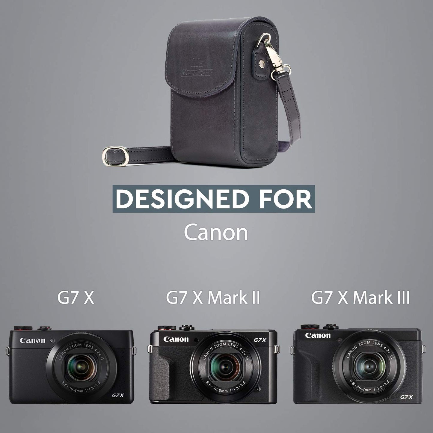 MegaGear MG1215 Leather Camera Case with Strap compatible with Canon PowerShot G7 X Mark III, G7 X Mark II, G7 X - Gray