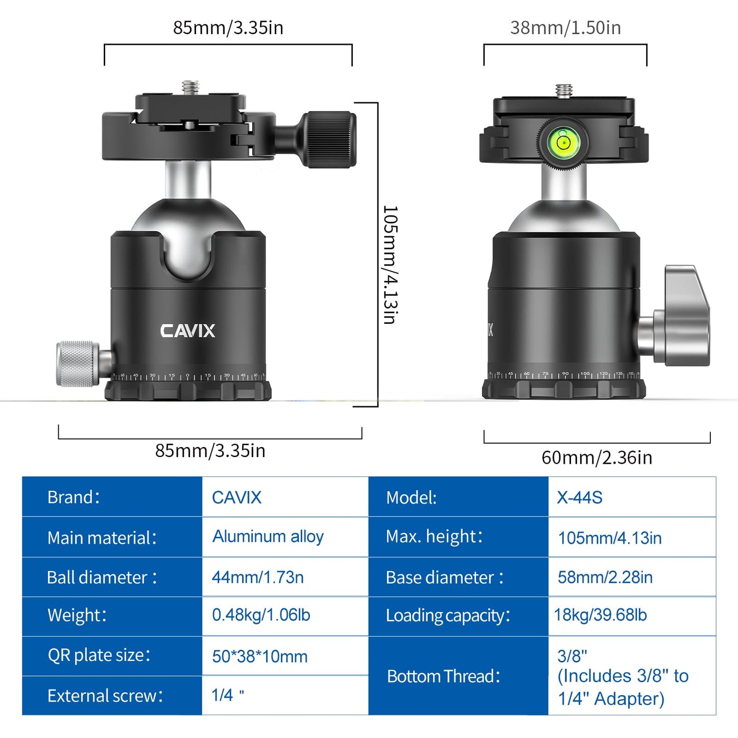 CAVIX 360°Panoramic Ball Head Tripod Head, 18kg(39.7lbs) Load Capacity, 44mm Metal Ball Head with 1/4" Arca-Swiss Quick Release Plate for Tripod