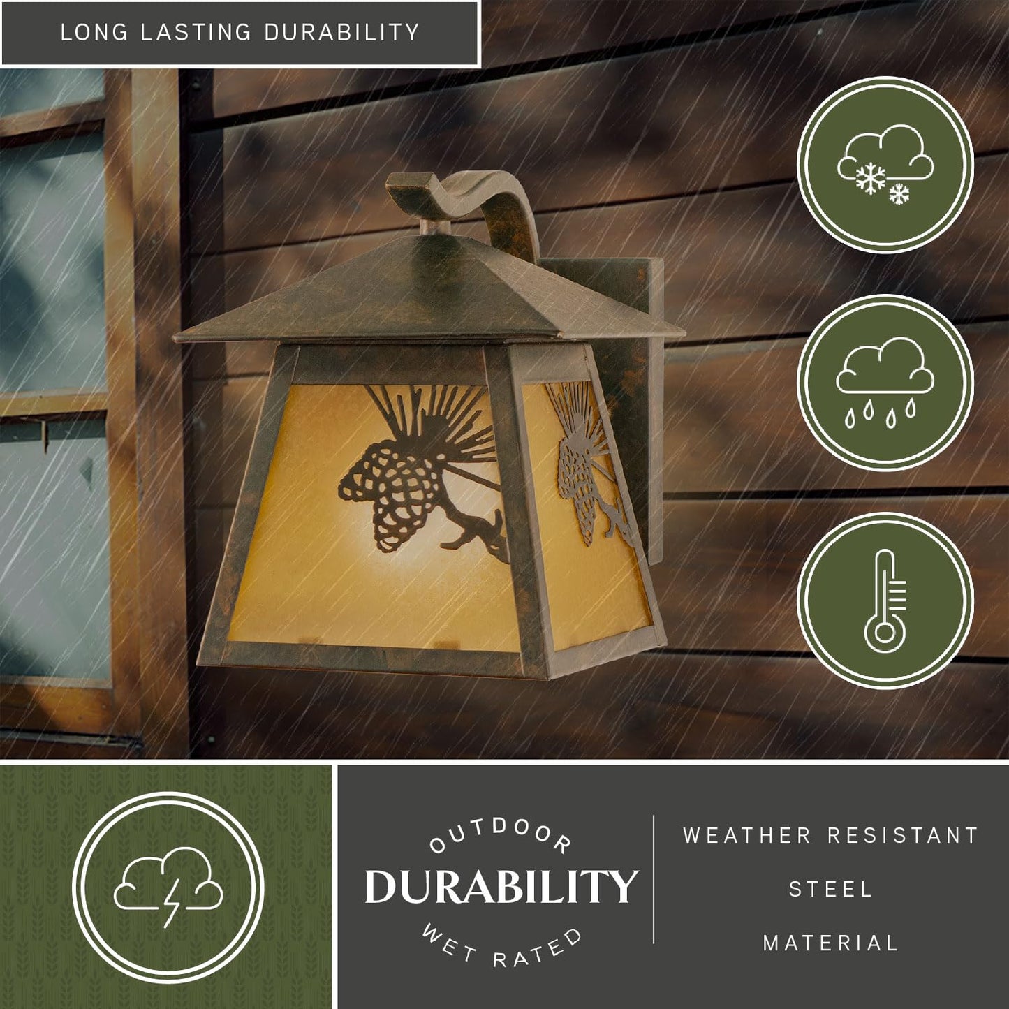 VAXCEL Whitebark 8 in. H 1-Light Olde World Patina Rustic Pine Cone Outdoor Wall Sconce Made of Durable Steel, Scavo Glass Shade, LED Compatible, Use