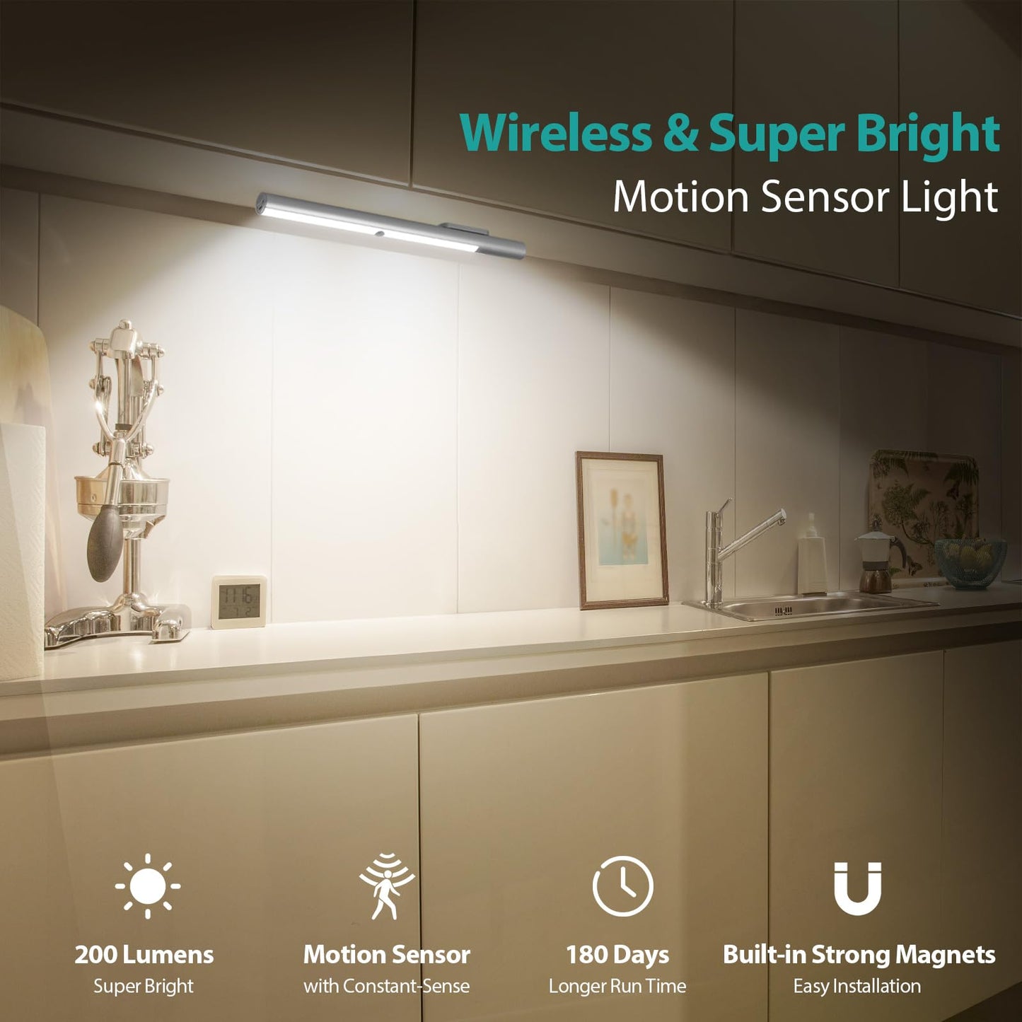 BLS 48 LED Closet Lights, Motion Sensor Light Indoor, 4500mah Build-in Large Rechargeable Battery, Wireless Under Cabinet Lighting