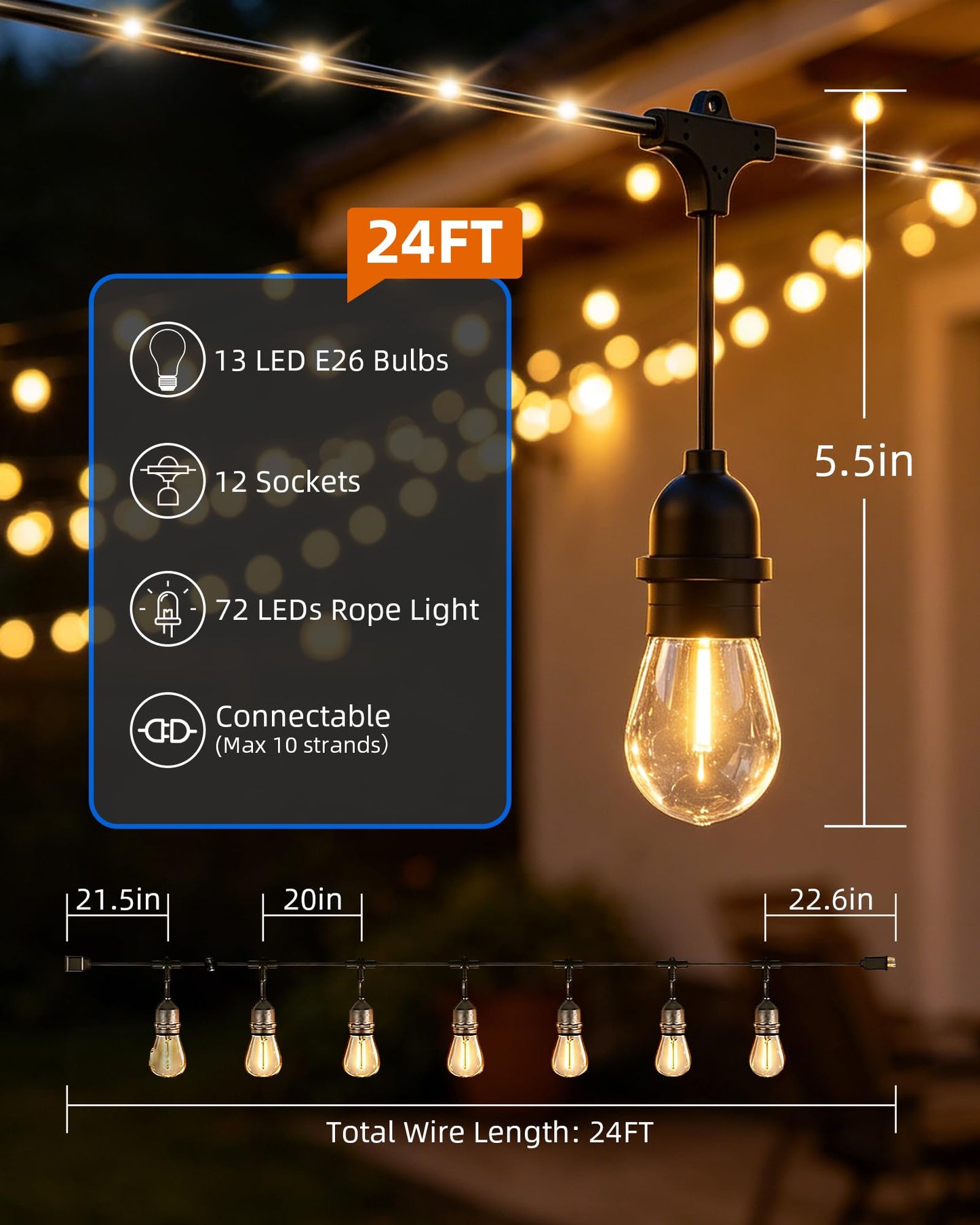 Outdoor String Lights With Lighted Tubing 24 ft, Commercial Grade String Lights with 13 (12+1spare) S14 Edison Bulbs & 72-LED Lighted Tubing, IP65
