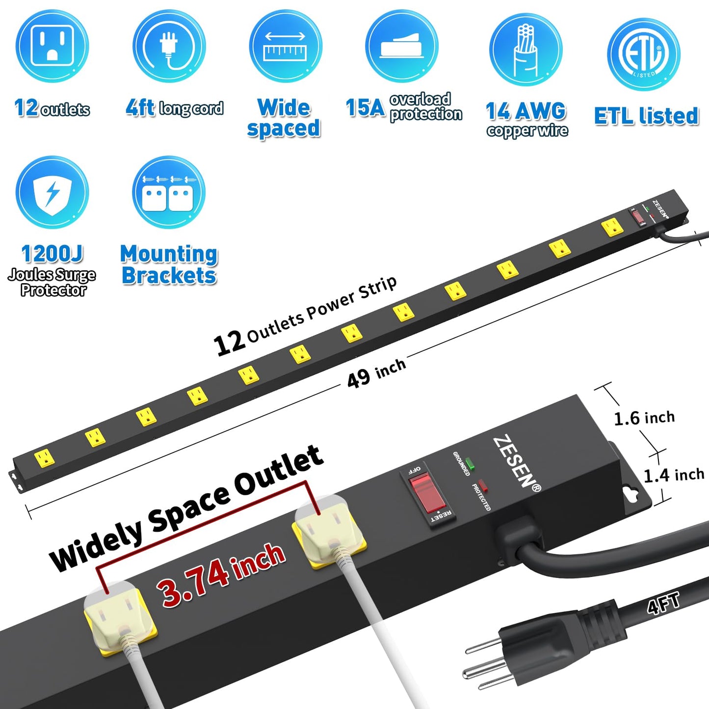 12 Outlet Long Power Strips Heavy Duty Wide-Spaced Outlets Industrial Power Strip Surge Protector with 4ft Cord for Garage Workshop Office Home, ETL