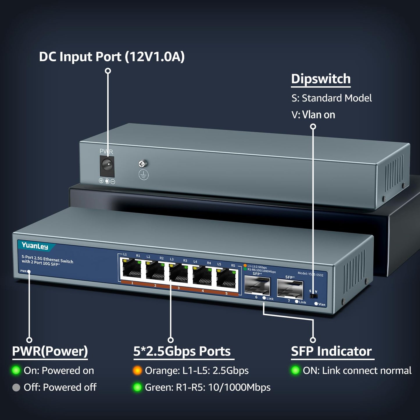 7 Port 2.5G Unmanaged Ethernet Switch, 5 x 2.5G Base-T Ports, 2 x 10G SFP, Compatible with 100/1000/2500Mbps, VLAN, Fanless, Desktop/Wall Mount