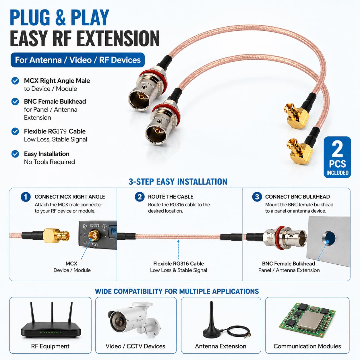 RedYutou 2pcs RF Extension Cable MCX Right Angle Male to BNC Female Bulkhead O-Ring Pigtail Cable RG179/8 inch 75ohm