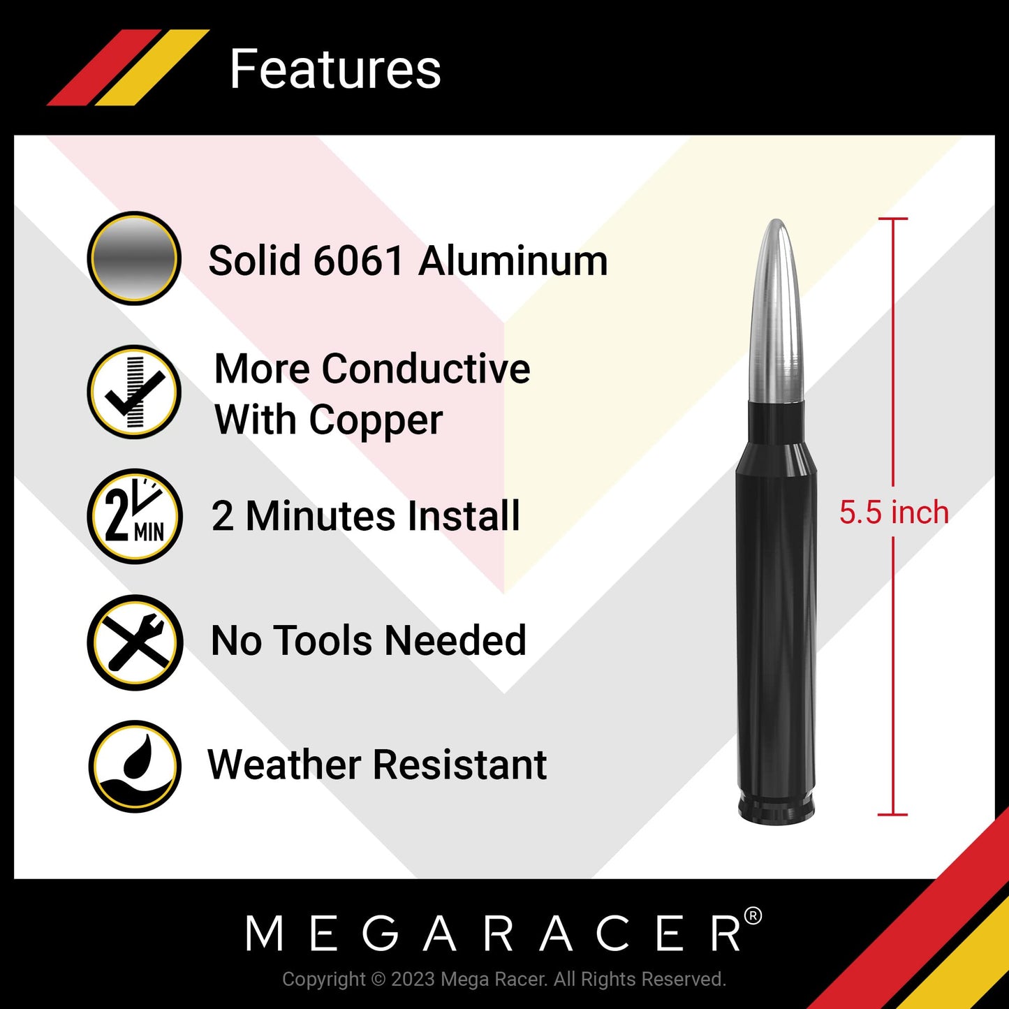 Mega Racer Universal 50 Cal Bullet Antenna for Truck Car SUV - 5.5 Inch Silver Black, AM/FM, 6061 Solid Aluminum, Car Wash Safe, Antenna Replacement