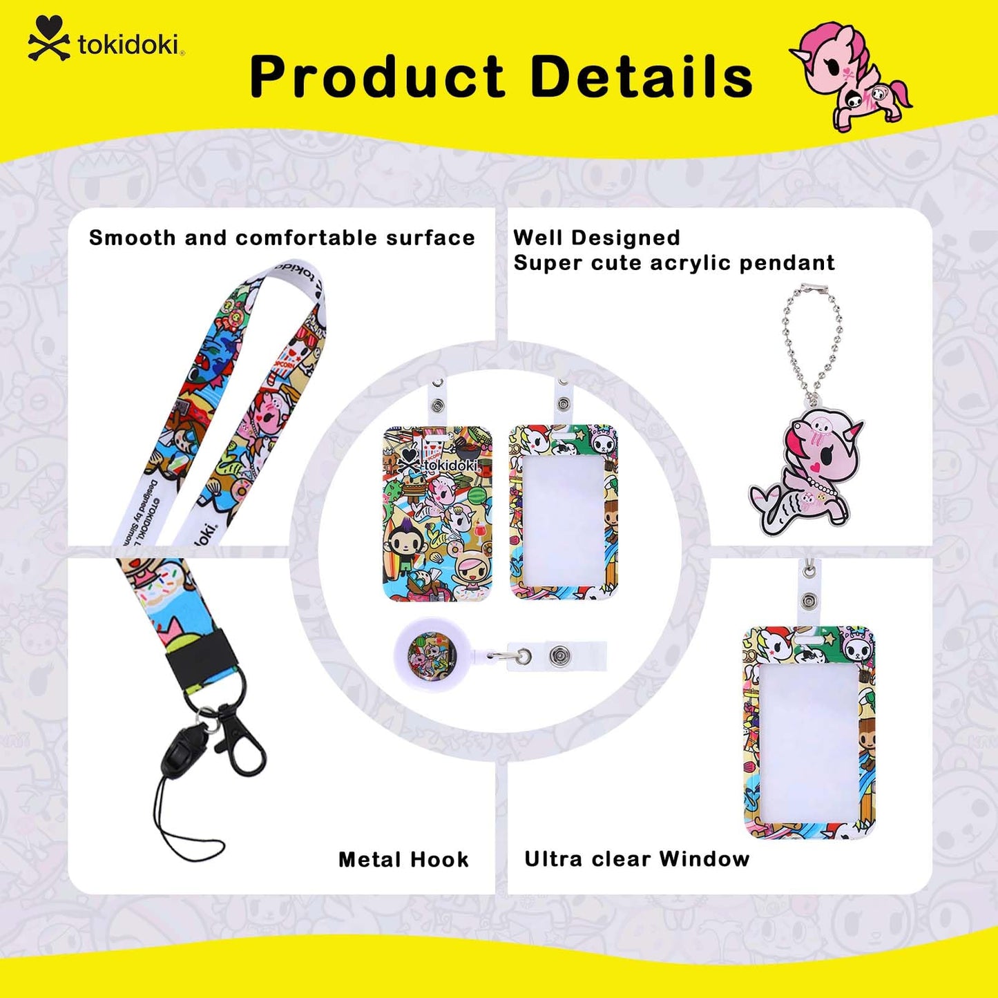 Tokidoki 5Pack Lanyard with Retractable Reel, Funny ID Badge Holder with Breakaway Lanyard,Detachable Keychain for Nurse Officer Teacher Security