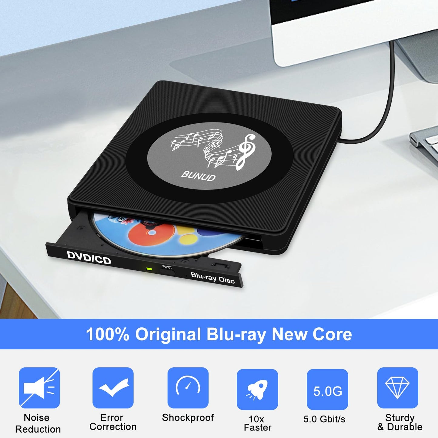 External Blu Ray CD DVD Drive, USB Blu Ray Drive External Bluray Burner Read/Write BD Player with 2 USB and TF/SD Slots, Optical Blue Ray CD DVD