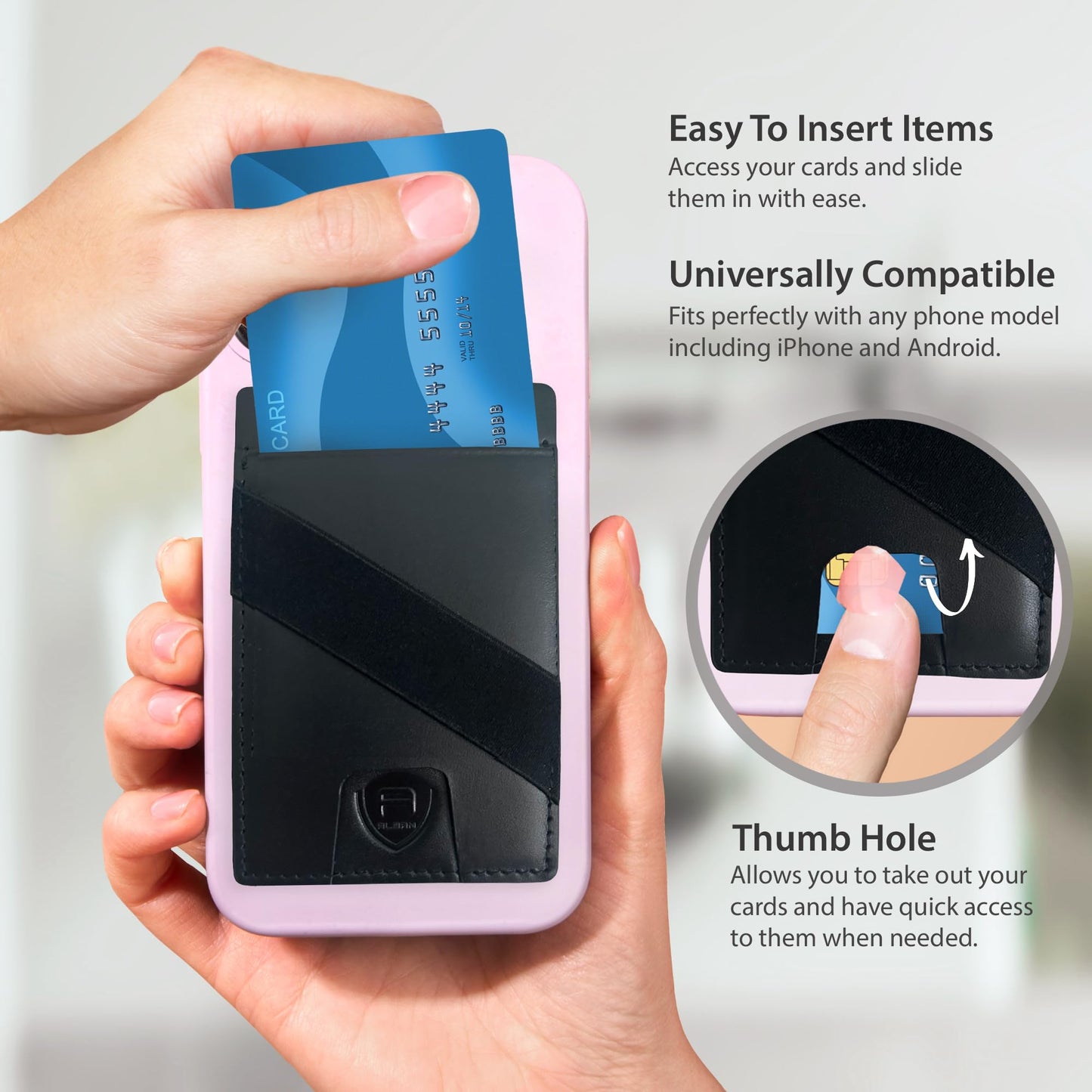 Alban Leather Stick On Cell Phone Wallet with Finger Strap, Phone Pocket Case for Credit Card, ID, Cash - Strong Adhesive, RFID Blocking, Compatible