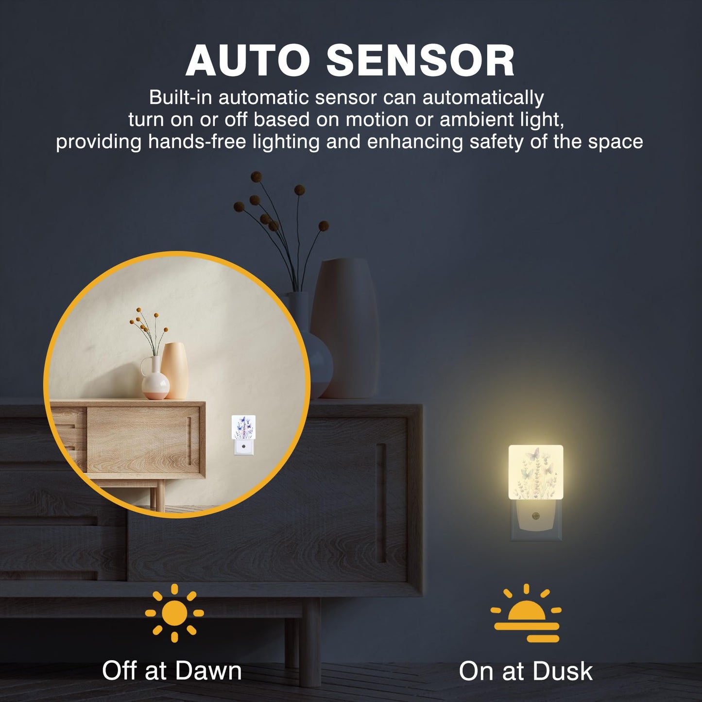 FOISIIAEA Night Light Watercolor Lavender Flower with Butterfly Night Lights Plug into Wall Smart Dusk to Dawn Sensor 0.5W Energy Efficient Led Lamp