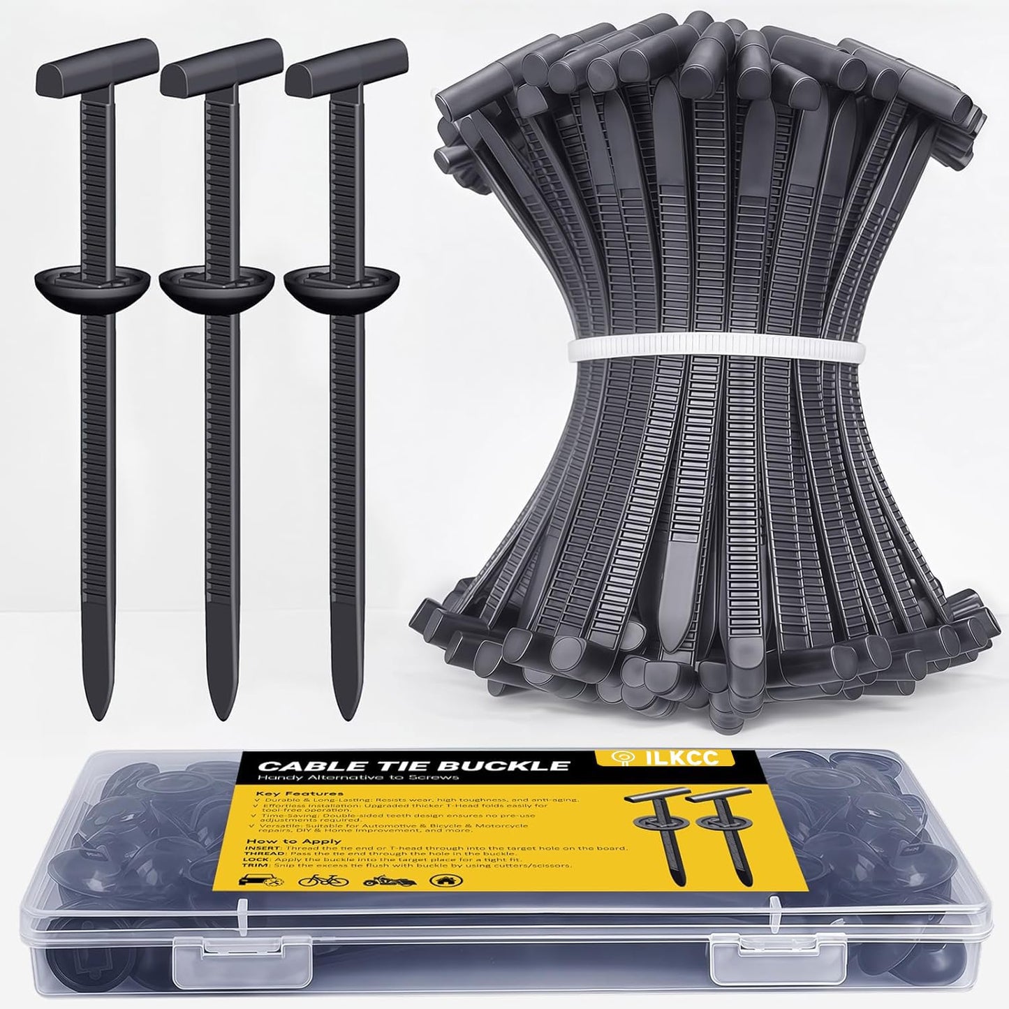 Upgraded Nylon Universal Cable Tie Buckles for Car, Heavy Duty T Rivet Zip Ties, Double-Side Self-Locking Automotive Zipper Clips for Fender Trunk