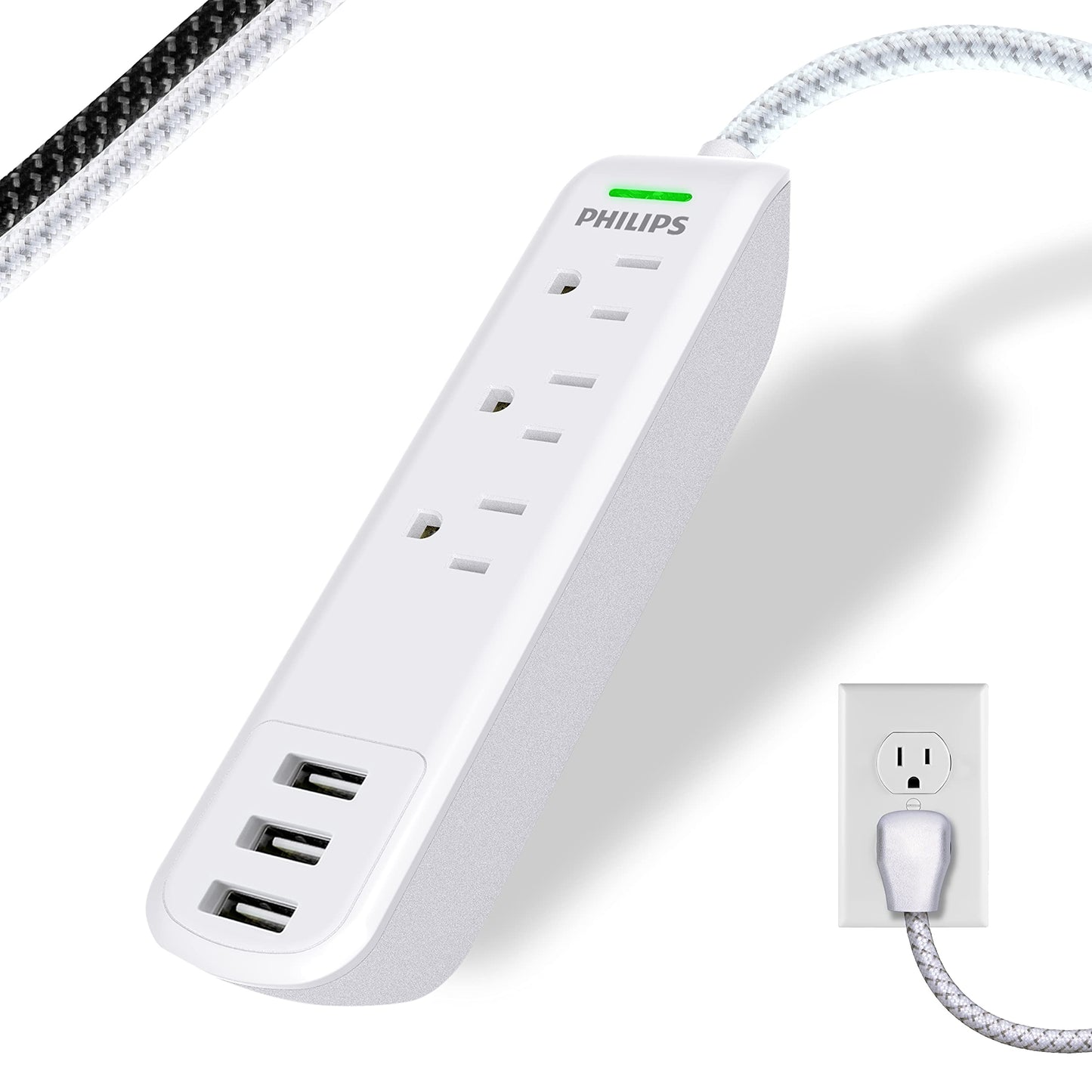Philips Surge Protector Power Strip, 3 Outlet Surge Protector, 6Ft Cord Power Strip, Surge Protector with USB Ports, 3-Prong Flat Plug Power Strip