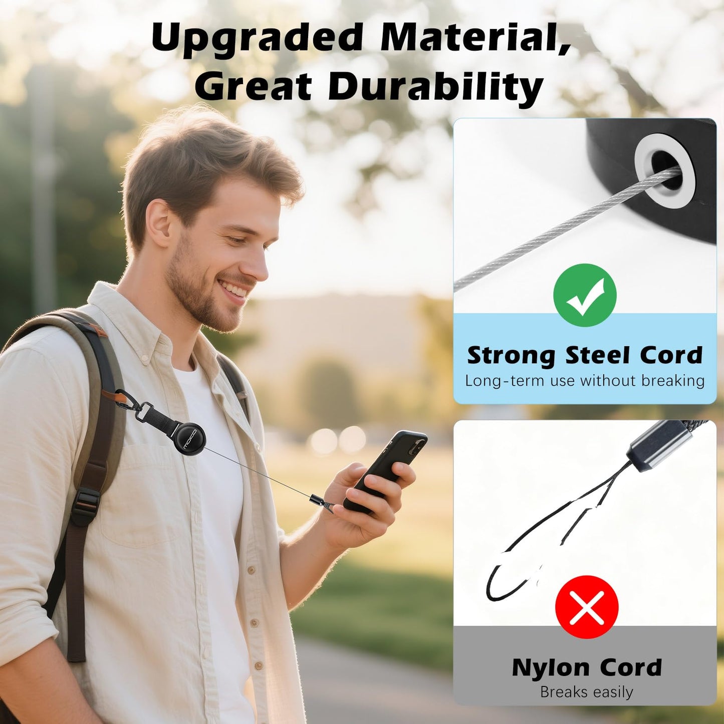 MoKo Anti-theft Phone Tether, Phone Lanyard Retractable Steel Line Cellphone Strap with Locking Carabiner and Metal 360° Tether Tab for Outdoor Skiing