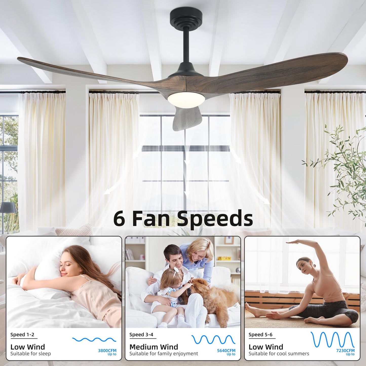 Homlit 60” Outdoor Ceiling Fan with Light 3 Downrods, Smart Wood Ceiling Fan Compatible with Alexa/Google/App, 3 Blades Modern Walnut Wood Ceiling