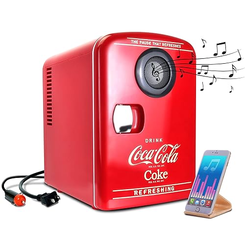 Coca-Cola 12V Portable Bluetooth Speaker Mini Fridge, AC/DC Power Cords Included, Compact Speaker and Personal Cooler/Warmer for Desk Office Dorm