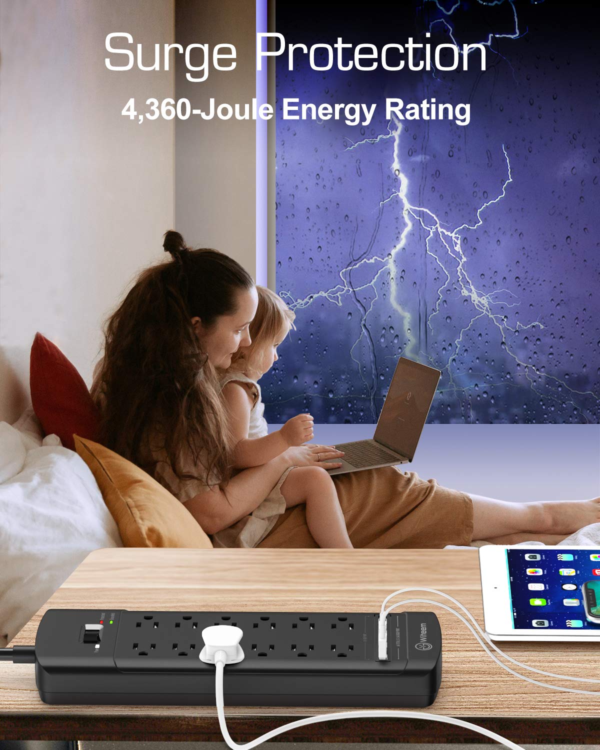 Witeem Surge Protector Power Strip - 12 Outlets,4 USB 6A Ports, 6Ft Extension Cord, 1875W/15A, 4360Joules, Overload Protection - Ideal for Home