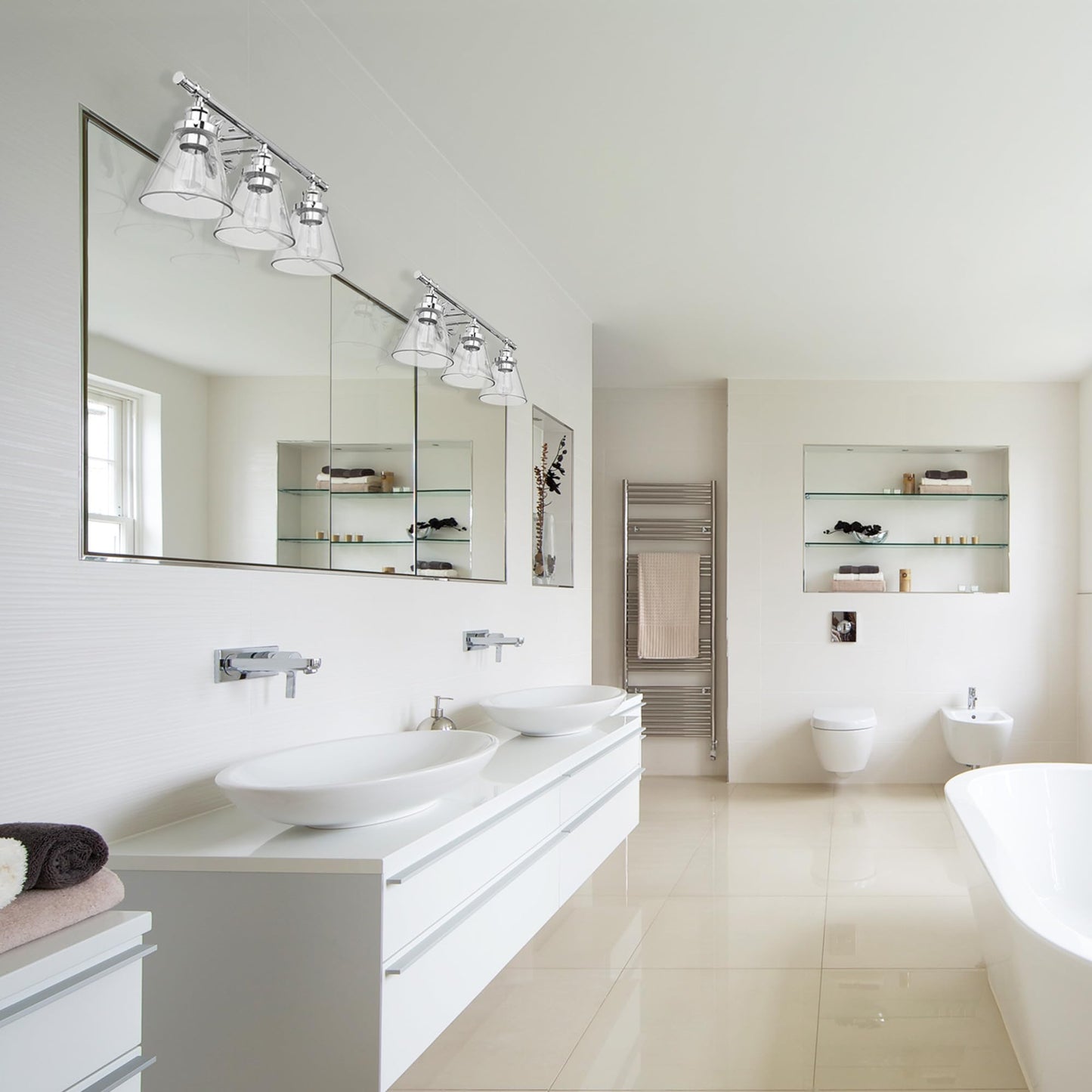 Globe Electric 51234 5-Piece All-in-One Bathroom Set, Chrome, 23" 3-Light Vanity Wall Light with Clear Glass Shades, Towel Bar and Ring, Robe Hook