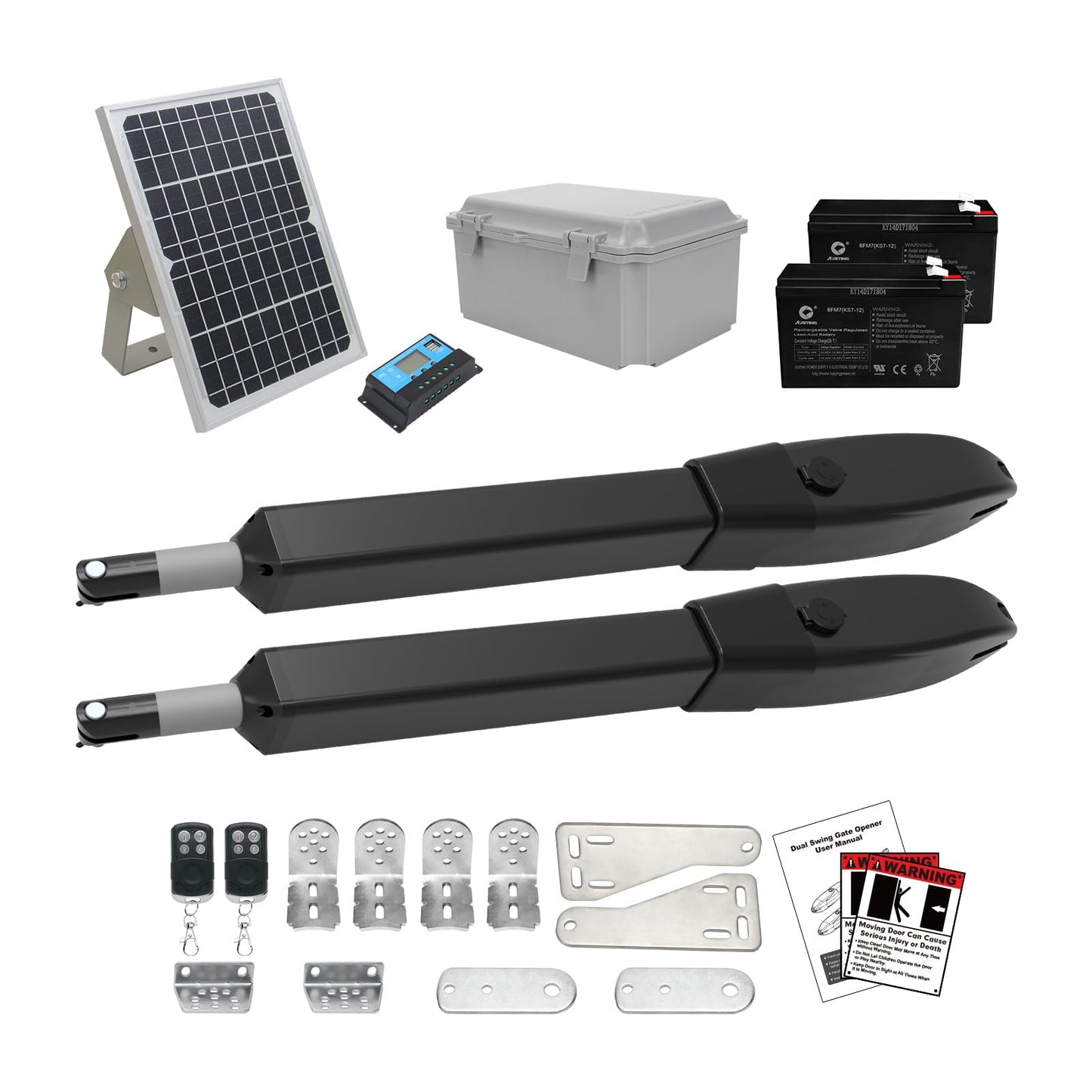 JUJIANG C026 Solar Gate Opener with Batteries & Solar Panel for Dual Swing Gates Up to 1540lb Automatic Gate Opener with Remote Complete Kit Medium