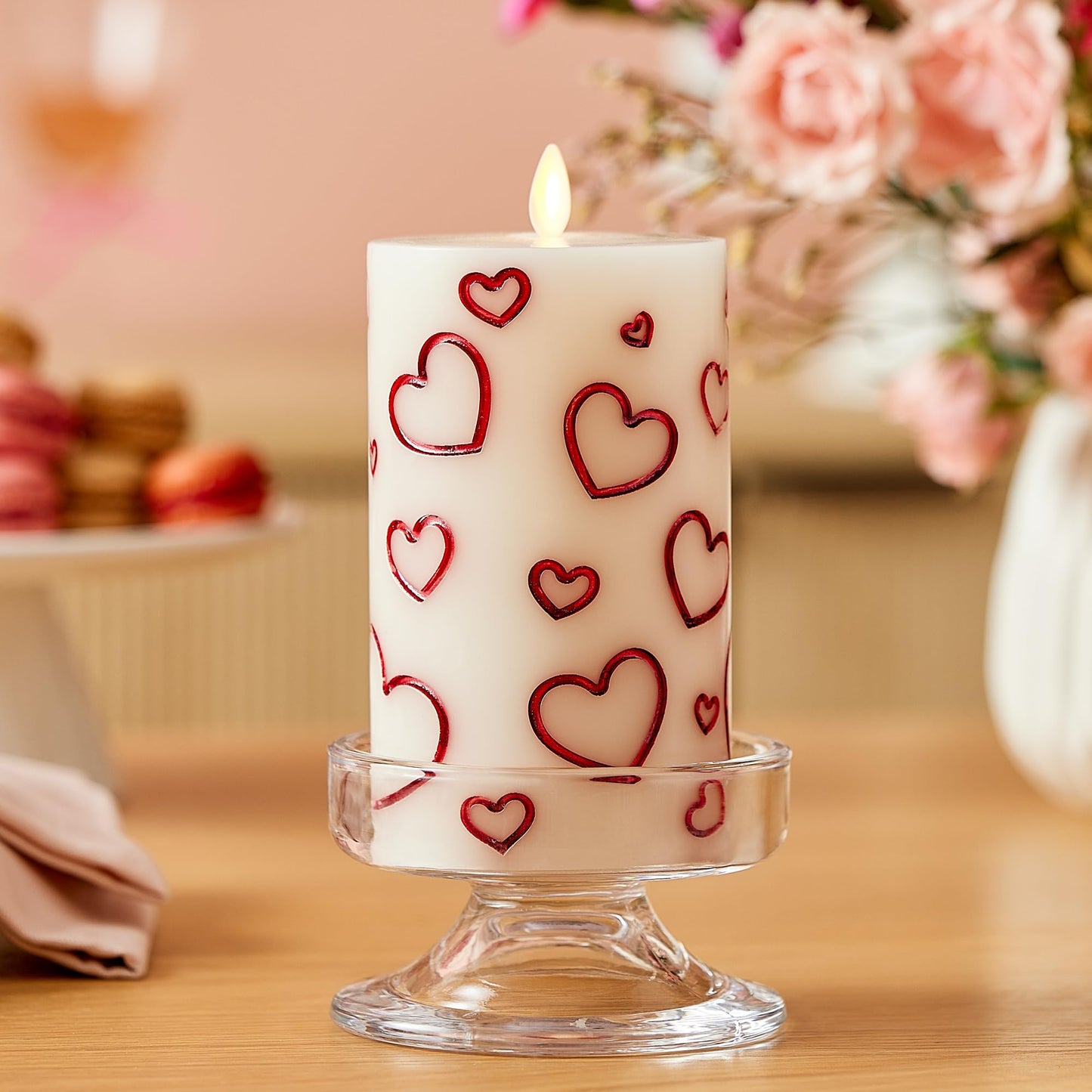 Luminara Debossed Hearts Pillar Candle Metallic Red - Patented Flickering Flameless Technology - Valentine's Day Collection - Remote Ready - 6.5"