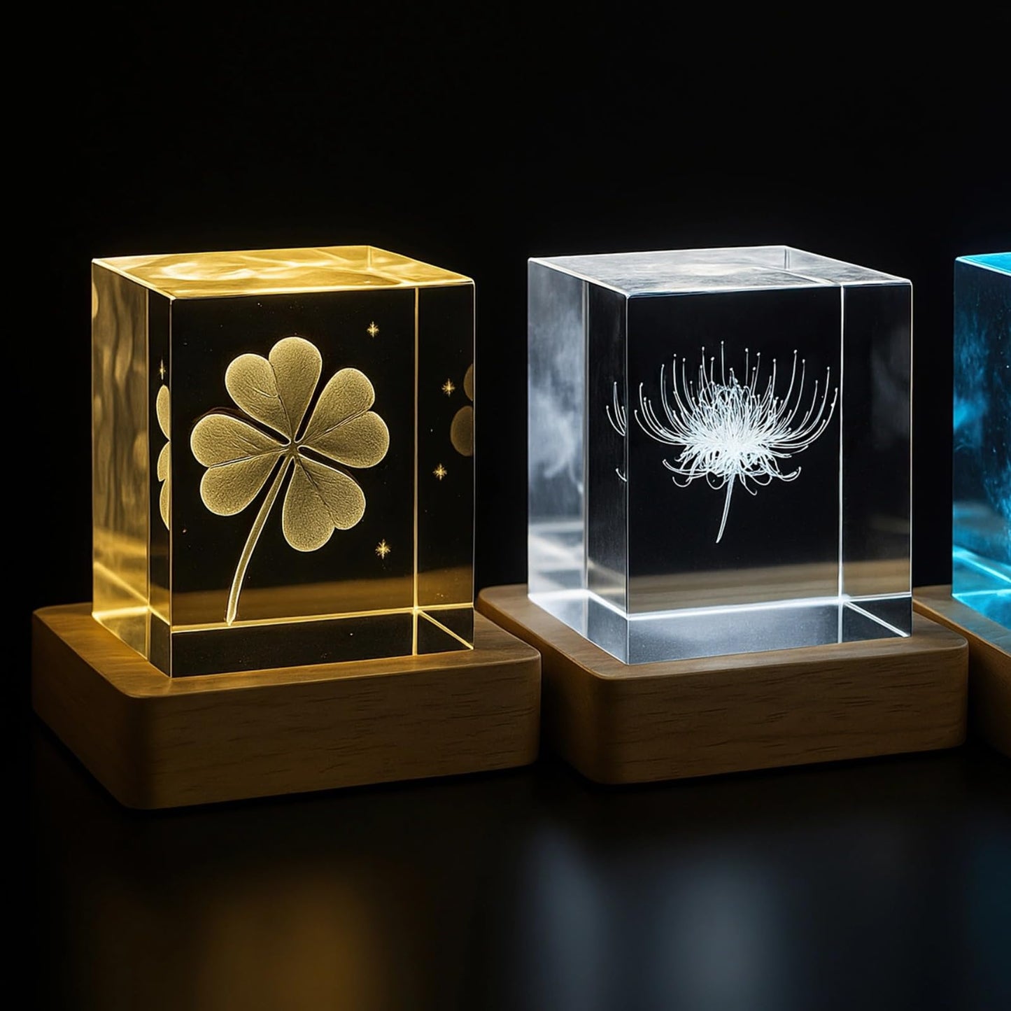Toyosport 4 Pcs Square LED Light Bases with Wooden Stands, USB Powered, 6 LED Bulbs, 3D Crystal Display Light, Warm Glow, Set for Acrylic, Glass