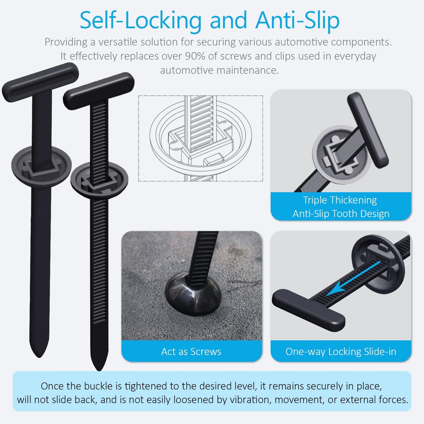 30PCS Nylon Universal Cable Tie Buckles, Multi-functional T Rivet Zip Ties - Automotive Zipper Clips with Pin & Button Design for Car Daily Repair