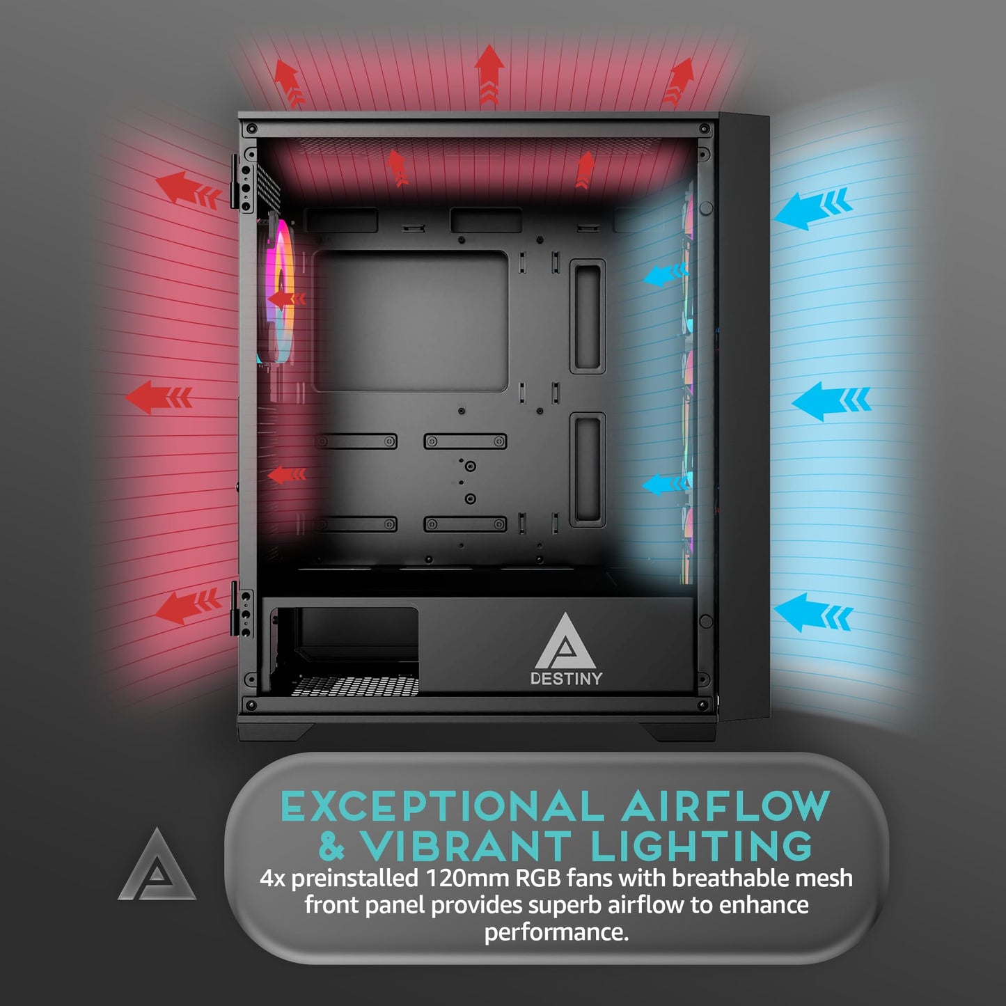 Apevia Destiny-MESH-BK Destiny Mesh Mid Tower Gaming PC Case w/ 4X 120mm ARGB Fans, 366 RGB Light Modes, 1x Metal Mesh Front Panel, 1x Door Swivel