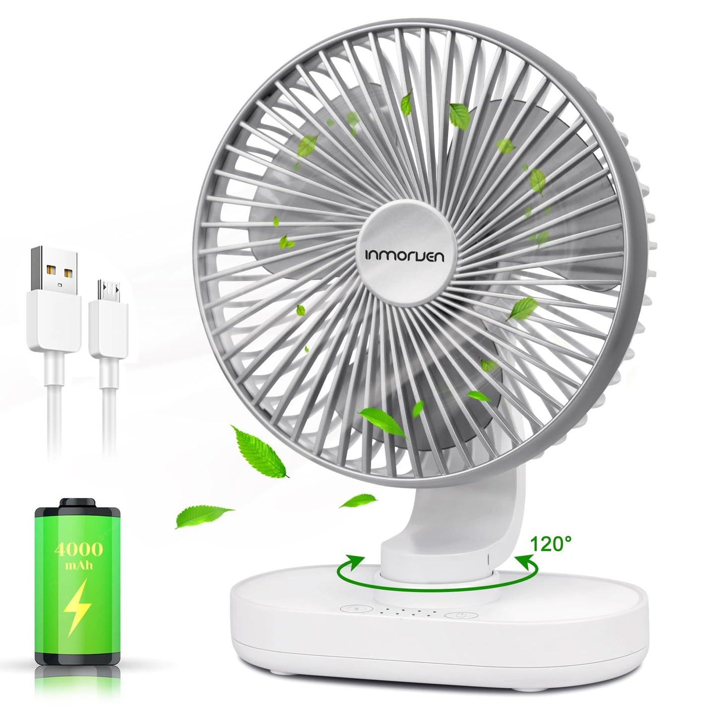 CONBOLA Small Desk Fan for Bedroom, 4000mAh Battery Powered Rechargeable Fan, 90° Vertical Manual and 120° Oscillating, 4 Speeds Air Circulator Fan
