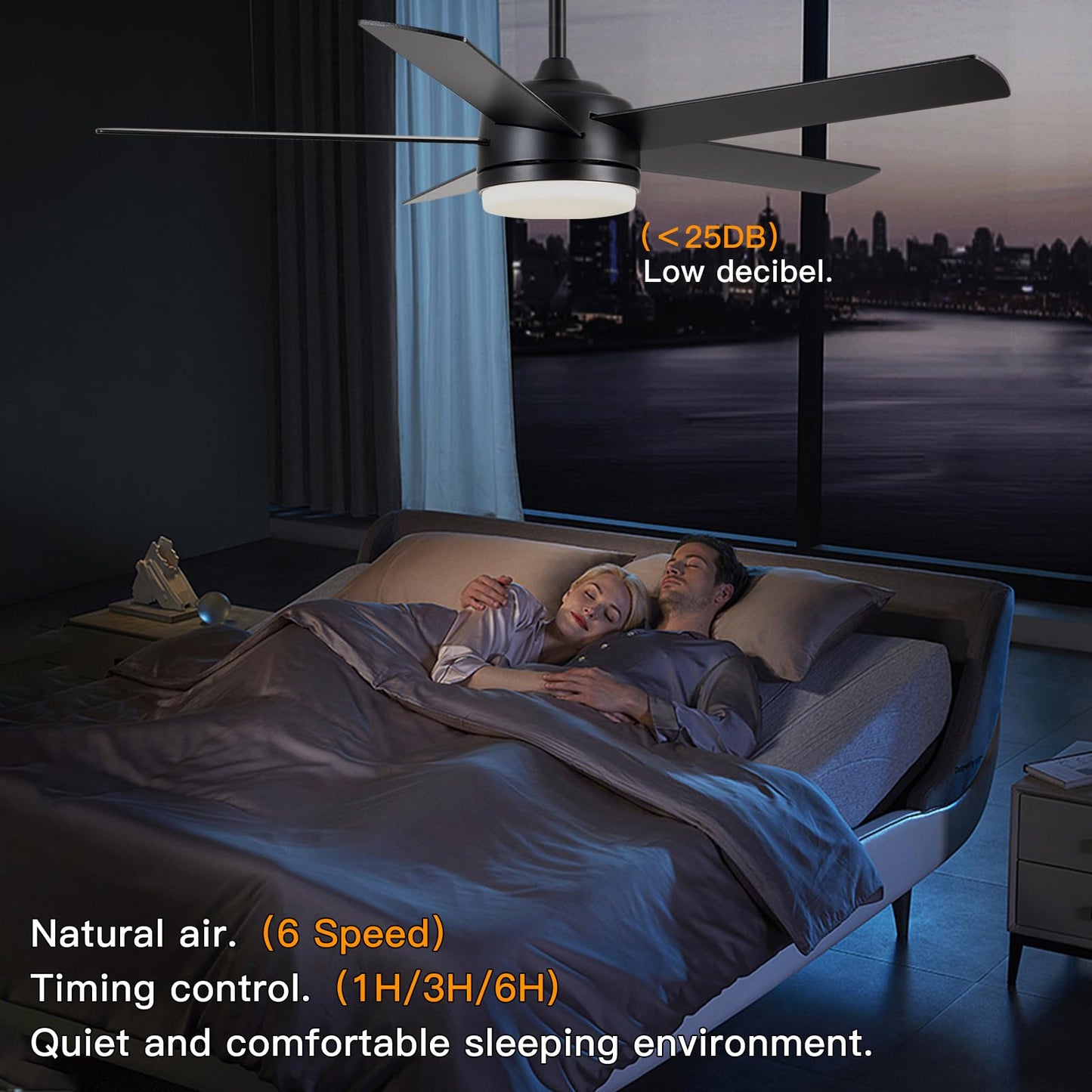 YUHAO 52 Inch Black Ceiling Fan with Light and Remote Control.Noiseless,Dimmable,3CCT,6 Speeds Reversible, DC Ceiling Fans for Indoor or Covered