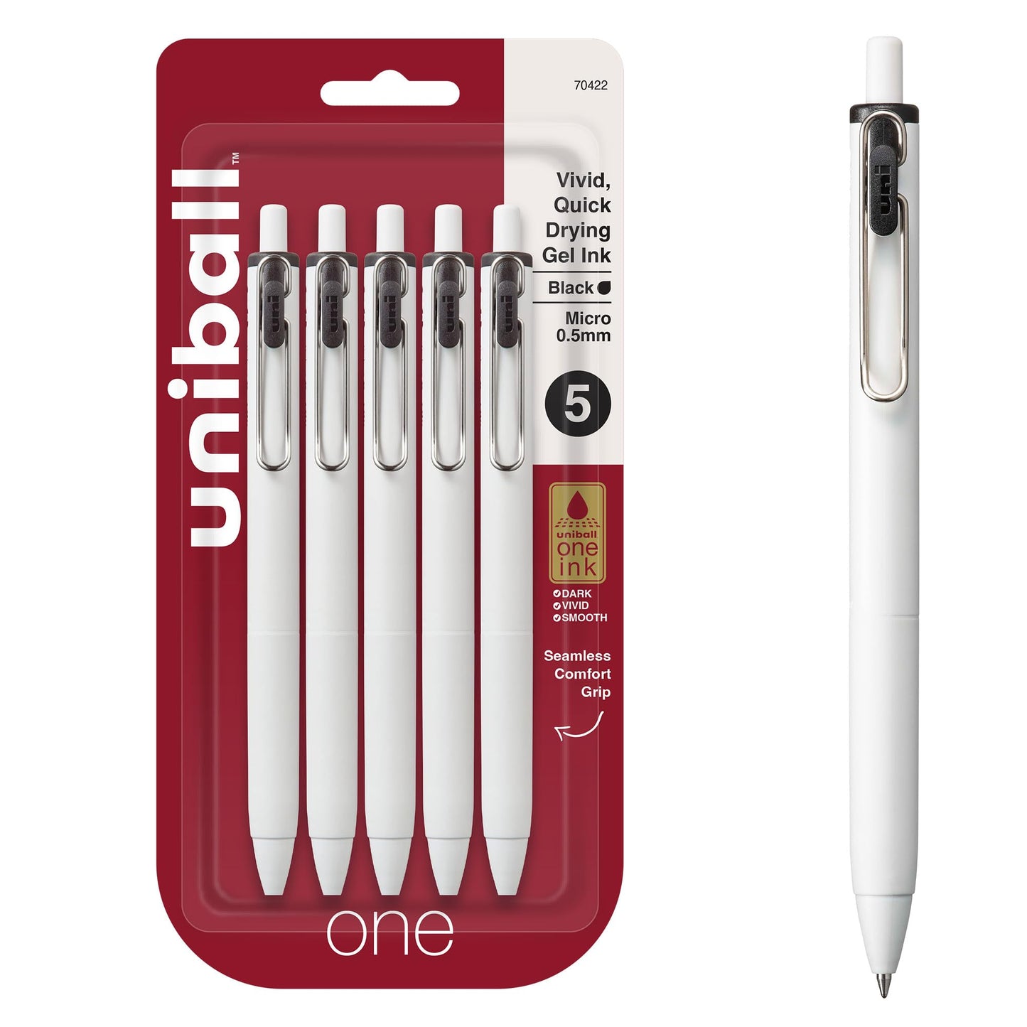 uniball™ one Retractable Gel Pens, Micro Point (0.5mm), Black Ink, 5 Pack
